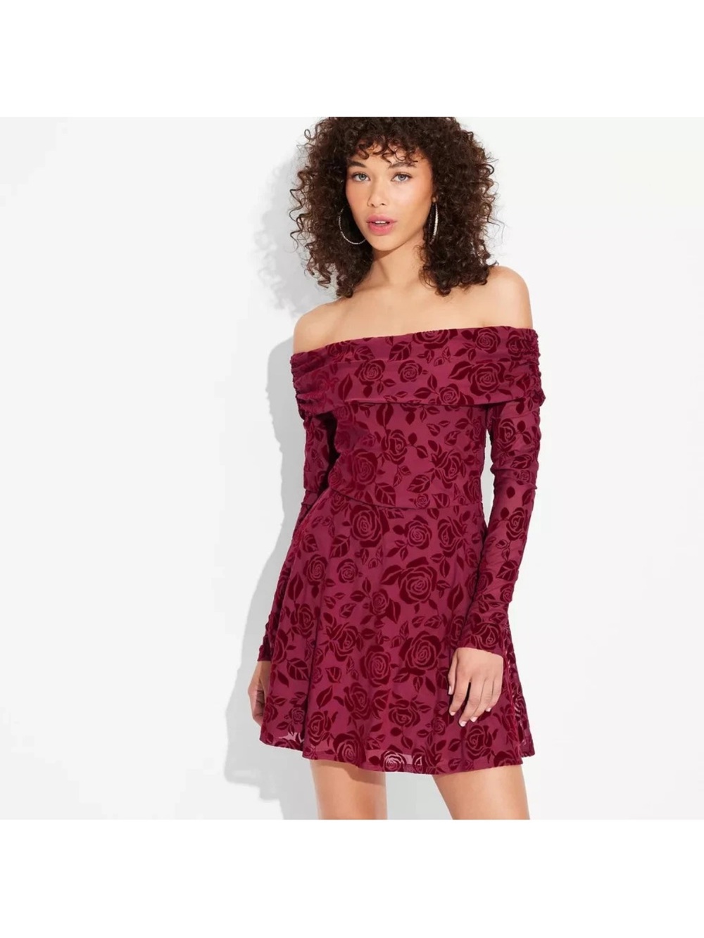 wild fable large Off-Shoulder Rose Velvet Dress in Burgundy- NWT